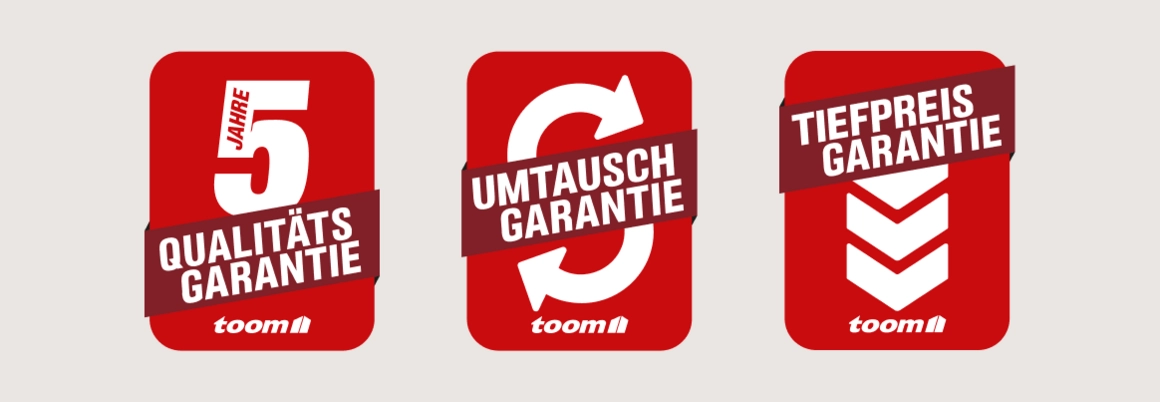 Drei rote Symbole: Qualitäts-, Umtausch- und Tiefpreisgarantie.